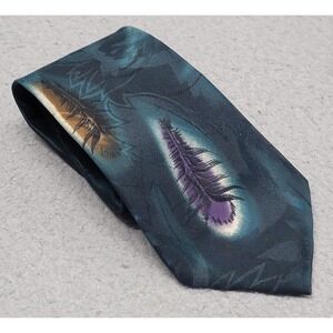 Wembley Tie Mens Green Teal Starshine Prints Abstract Feather Pattern Necktie